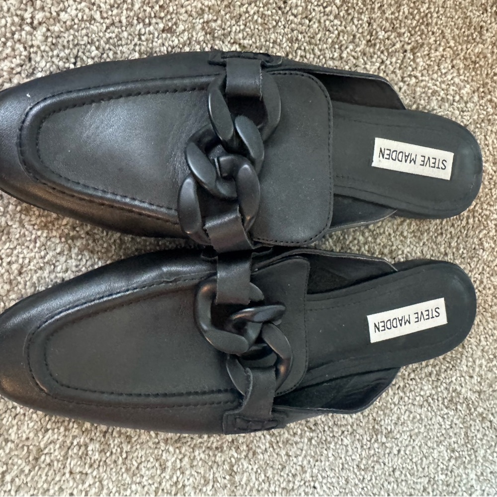 Steve Madden Black Slip-On Loafers with Chain Accent
